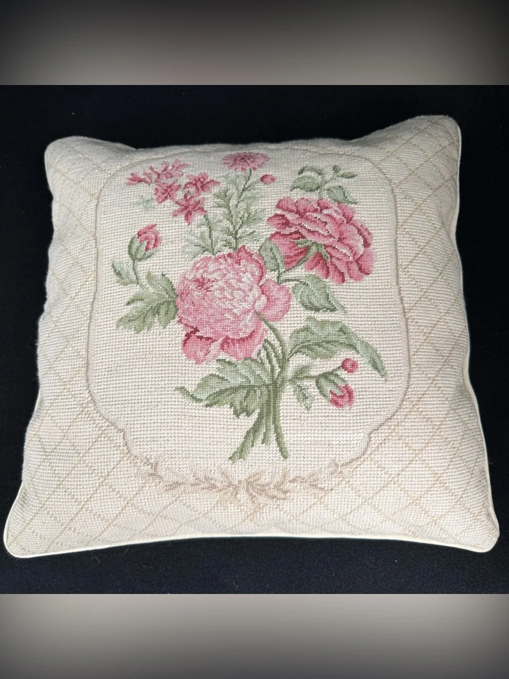 Vintage Hand-Stitched Floral Needlepoint Pillow Velvet Back Cottagecore